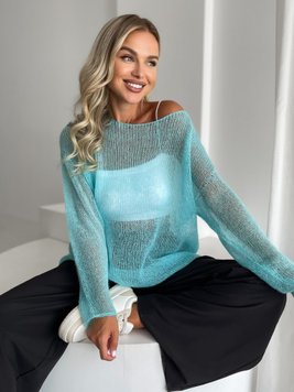 Hand knitted thin mohair sweater color turquoise SKY photo