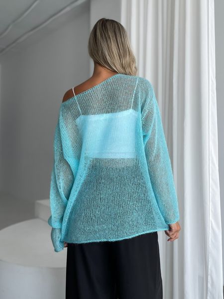 Hand knitted thin mohair sweater color turquoise SKY photo