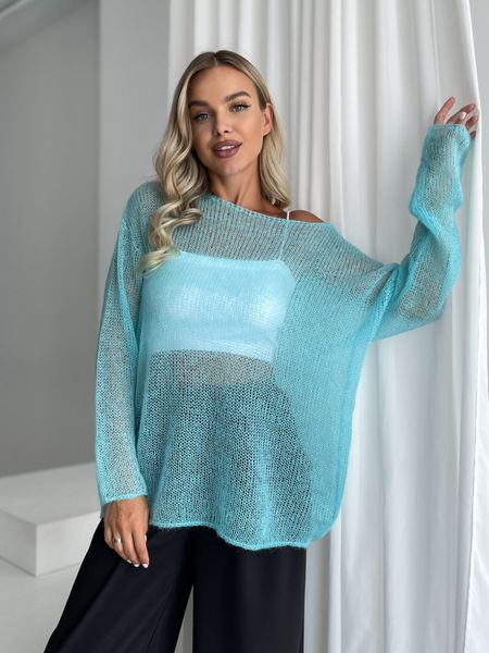 Hand knitted thin mohair sweater color turquoise SKY photo