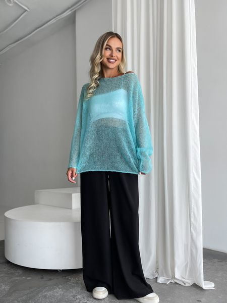 Hand knitted thin mohair sweater color turquoise SKY photo