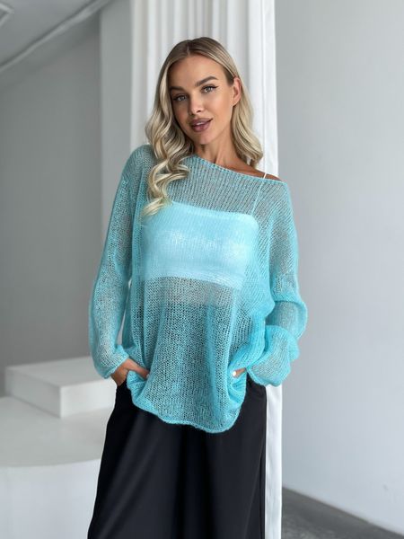 Hand knitted thin mohair sweater color turquoise SKY photo