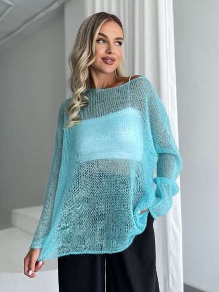 Hand knitted thin mohair sweater color turquoise SKY photo