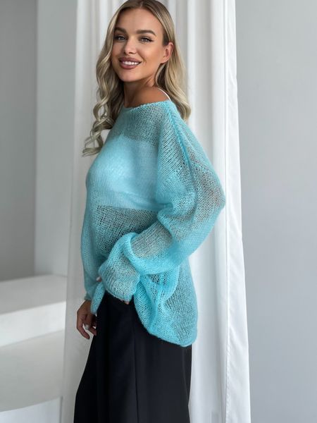 Hand knitted thin mohair sweater color turquoise SKY photo