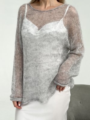 Серый меланж свитер паутинка большой размер альпака с мохером OLGA- А3-1 фото