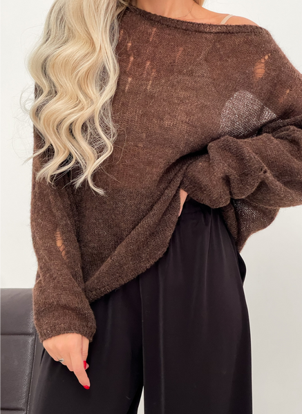 Distressed knit oversize, chocolate color mohair alpaka jumper Cool air jumper photo