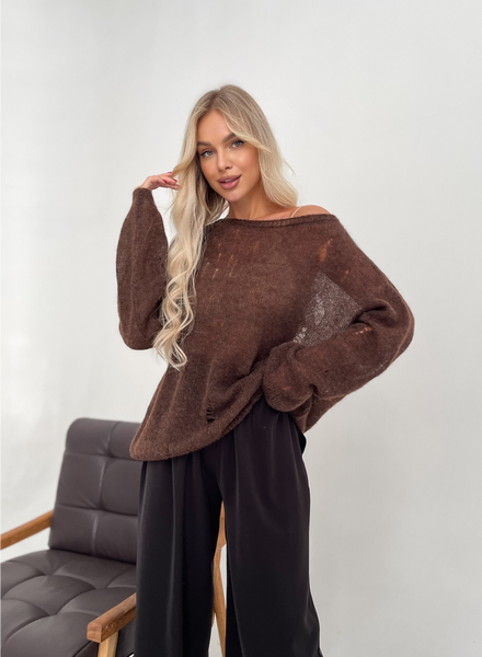 Distressed knit oversize, chocolate color mohair alpaka jumper Cool air jumper photo