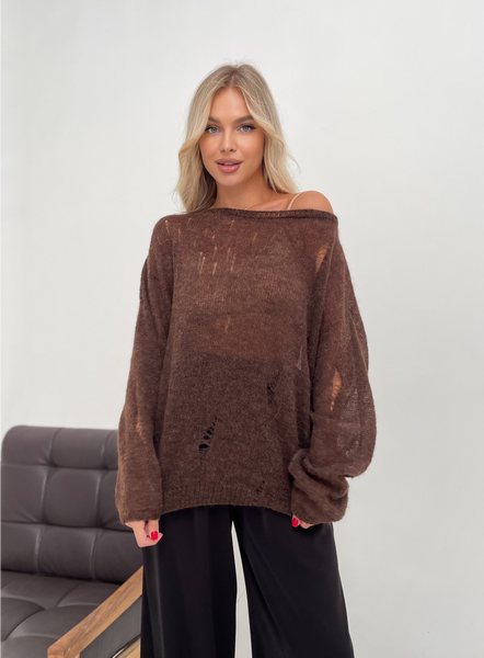 Distressed knit oversize, chocolate color mohair alpaka jumper Cool air jumper photo