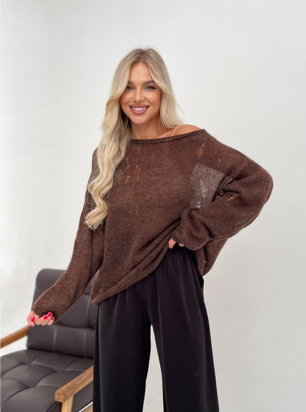 Distressed knit oversize, chocolate color mohair alpaka jumper Cool air jumper photo