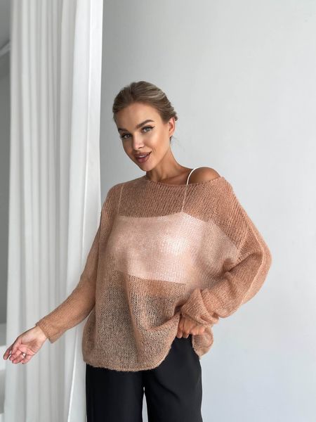 Oversized handmade jumper in peach beige color, crafted from premium kid-mohair SKY photo