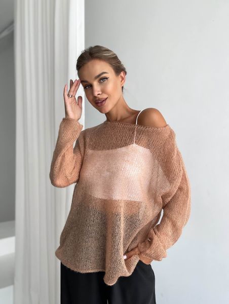 Oversized handmade jumper in peach beige color, crafted from premium kid-mohair SKY photo