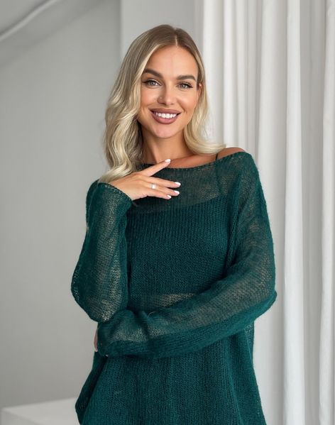 Sweater, emerald color oversize, handmade, made of kid mohair SKY photo