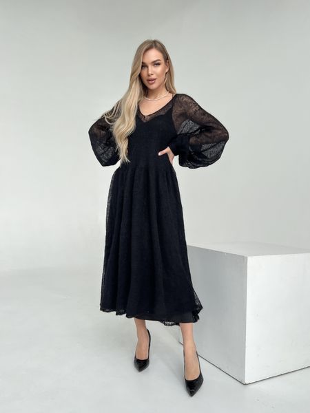 Черное платье длинное с широким рукавом из мохера, разлетайка, паутинка ALIEN фото