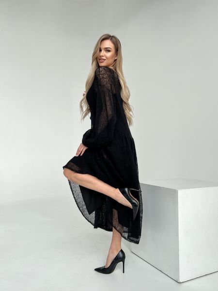 Чорне плаття макси з широким рукавом з мохеру, розлітайка, павутинка ALIEN фото