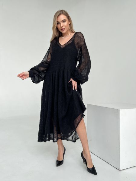 Черное платье длинное с широким рукавом из мохера, разлетайка, паутинка ALIEN фото