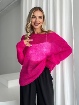 Hand knitted thin mohair crewneck sweater neon pink SKY photo