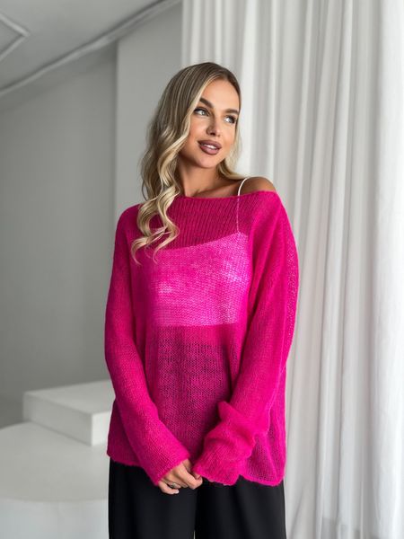 Hand knitted thin mohair crewneck sweater neon pink SKY photo