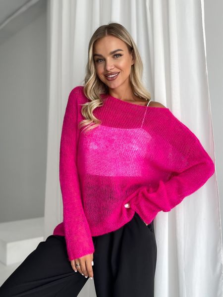 Hand knitted thin mohair crewneck sweater neon pink SKY photo