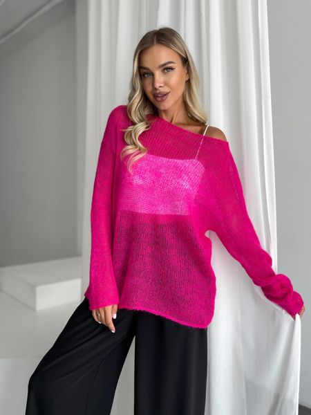 Hand knitted thin mohair crewneck sweater neon pink SKY photo