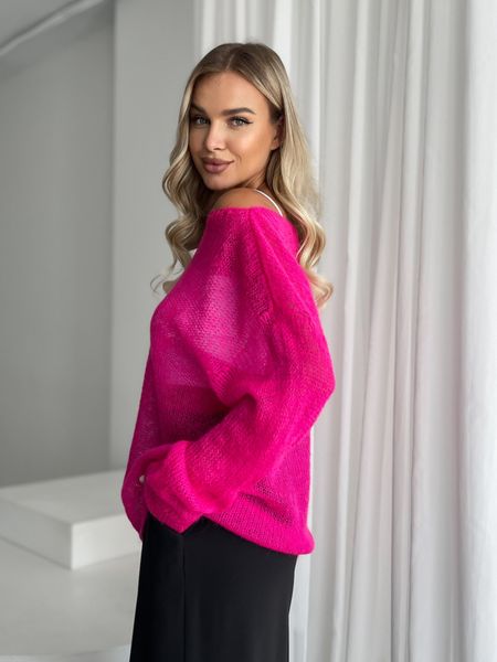 Hand knitted thin mohair crewneck sweater neon pink SKY photo