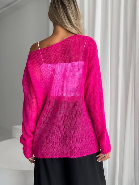 Hand knitted thin mohair crewneck sweater neon pink SKY photo